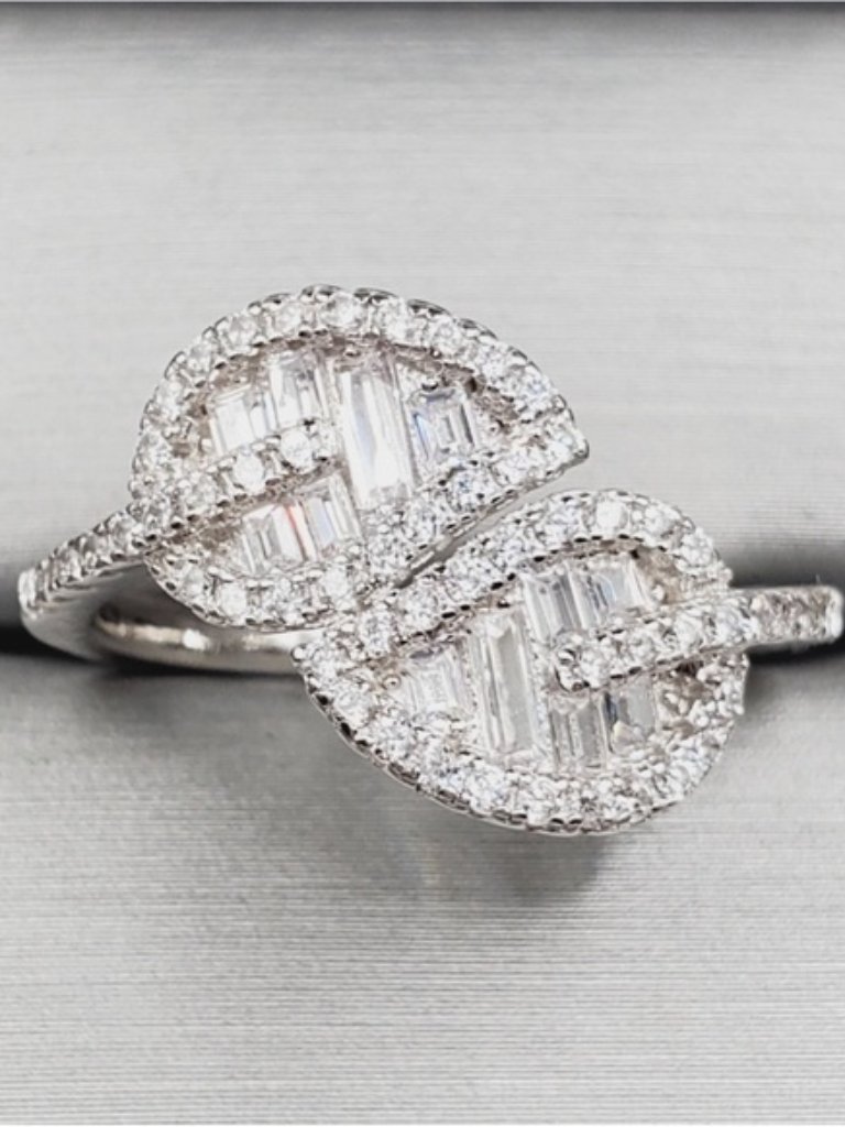 White Diamond Simulants Rhodium 925 Sterling Silver Double Leaf Ring